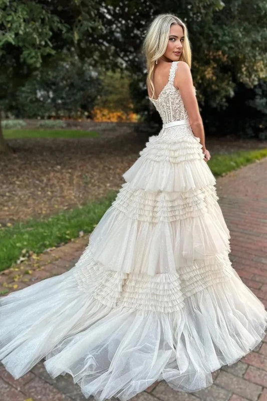 Gorgeous A Line Sweetheart Sleeveless Tiered Ruffle Tulle Floor-Length Formal Prom Dress with Bow