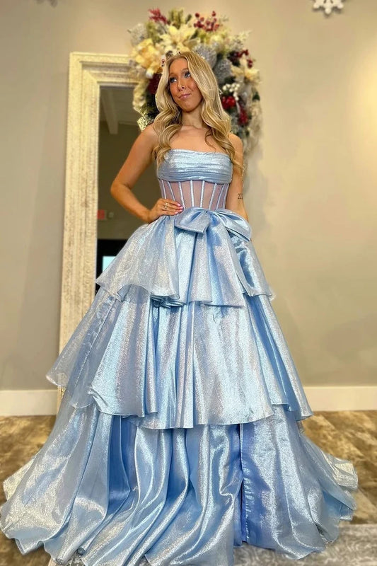 Gorgeous Ball Gown Sleeveless Tiered Ruffle Long Prom Dress With Slit