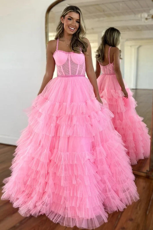 Gorgeous Ball Gown Spaghetti Straps Sleeveless Tiered Ruffle Tulle Floor-Length Prom Dress