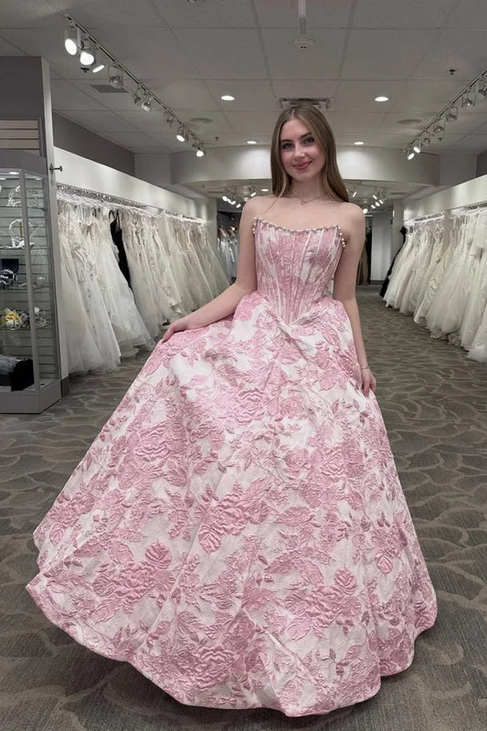 Gorgeous Ball Gown Strapless Sleeveless Floral Satin Pink Floor-Length Prom Dress