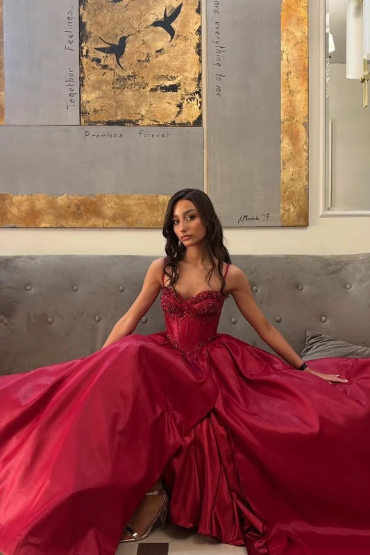 Gorgeous Ball Gown Sweetheart Sleeveless Beaded Corset Satin Burgundy Floor-Length Prom Dress