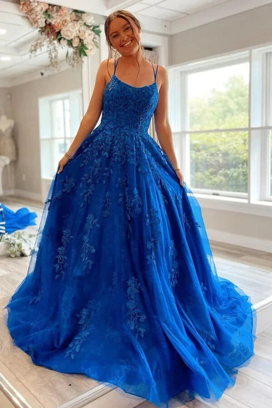 Gorgeous Ball Gown Sweetheart Sleeveless Lace Applique Tulle Royal Blue Floor-Length Prom Dress