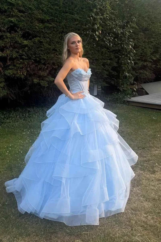 Gorgeous Ball Gown Sweetheart Sleeveless Ruffled Tiered Sky Blue Floor-Length Prom Dress