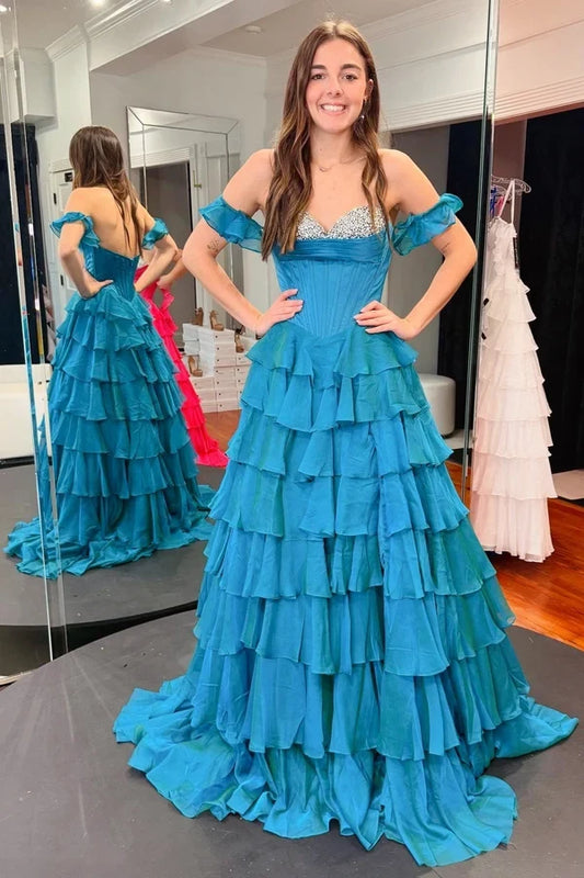 Gorgeous Ball Gown Sweetheart Sleeveless Tiered Ruffle Chiffon Floor-Length Prom Dress