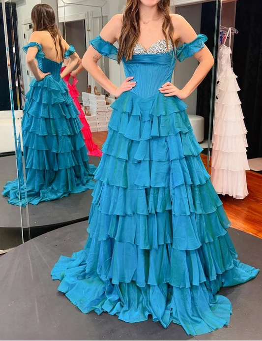 Gorgeous Ball Gown Sweetheart Sleeveless Tiered Ruffle Chiffon Floor-Length Prom Dress
