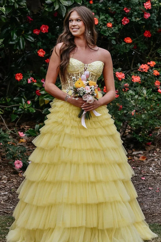 Gorgeous Ball Gown Sweetheart Sleeveless Tiered Ruffle Lace-Up Yellow Tulle Prom Dress