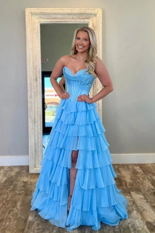 Gorgeous Blue A-Line Sweetheart Sleeveless Ruffled Tiered Chiffon Floor-Length Prom Dress With Slit