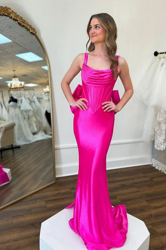 Gorgeous Mermaid Cowl Neck Sleeveless Back Bow Satin Floor-Length Prom Dress