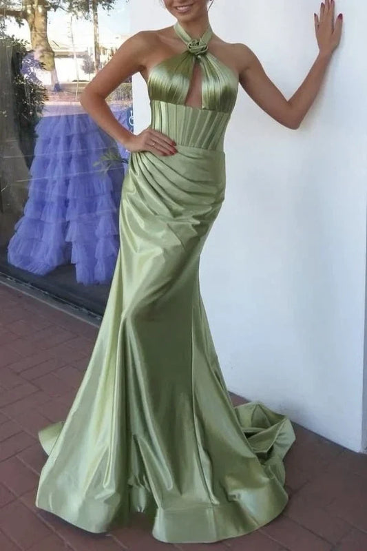 Gorgeous Mermaid Halter Sleeveless Corset Satin Floor-Length Evening Dress