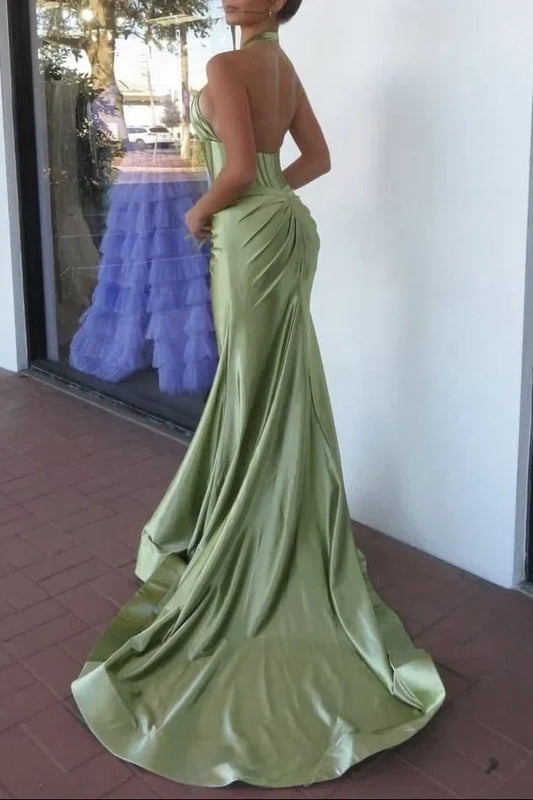 Gorgeous Mermaid Halter Sleeveless Corset Satin Floor-Length Evening Dress