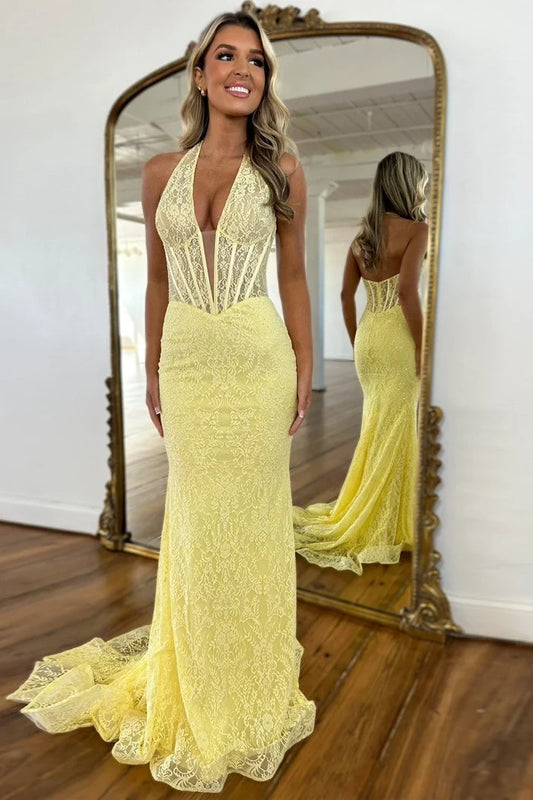 Gorgeous Mermaid Halter Sleeveless Deep V-Neck Lace Yellow Floor-Length Prom Dress