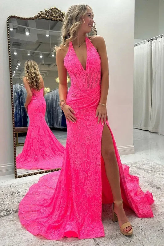 Gorgeous Mermaid Halter Sleeveless Lace Fuchsia Court Train Prom Dress With Slit