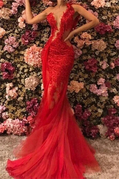 Gorgeous Mermaid One-Shoulder Appliqued Illusion Lace Red Long Prom Dress