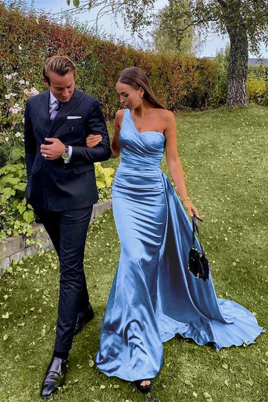 Gorgeous Mermaid One-Shoulder Sleeveless Draped Ruched Satin Long Prom Dress