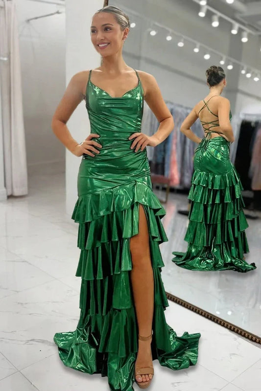 Gorgeous Mermaid Spaghetti Straps Cowl Sleeveless Ruffled Slit Green Floor-Length Prom Dress