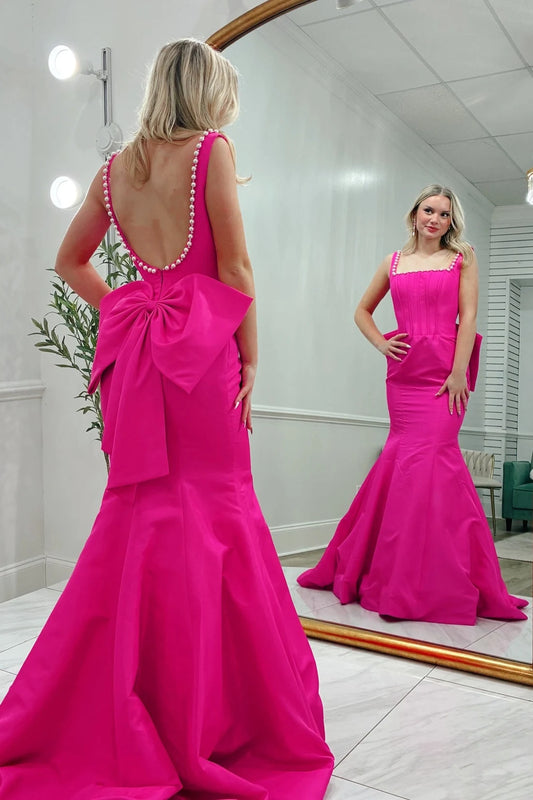 Gorgeous Mermaid Square Neck Sleeveless Pearl Straps Bow Back Satin Fuchsia Floor-Length Prom Dress