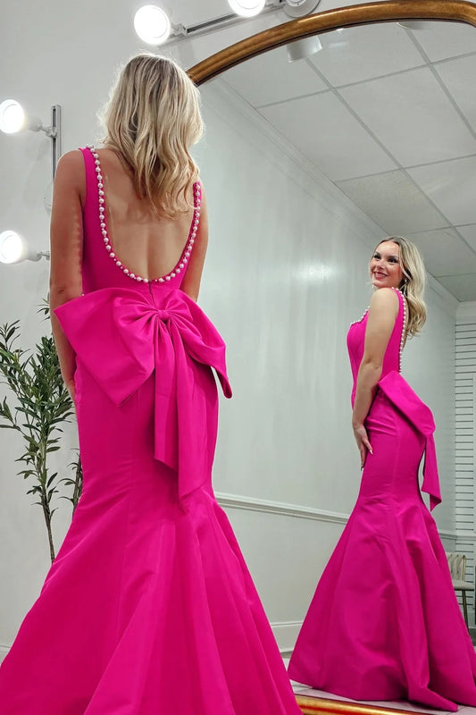 Gorgeous Mermaid Square Neck Sleeveless Pearl Straps Bow Back Satin Fuchsia Floor-Length Prom Dress