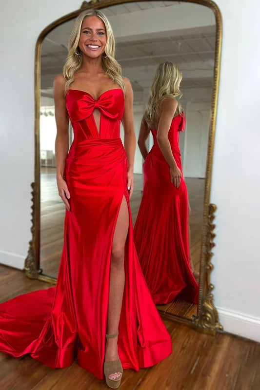 Gorgeous Mermaid Strapless Sleeveless Bow Front Slit Satin Red Floor-Length Prom Dress
