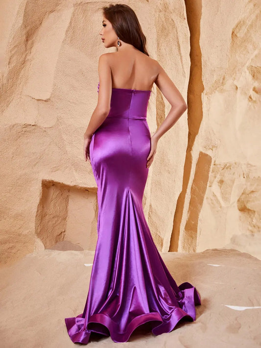 Gorgeous Mermaid Strapless Sleeveless Ruched Slit Satin Regency Floor-Length Prom Dress
