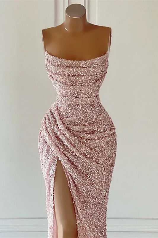 Gorgeous Mermaid Strapless Sleeveless Ruched Sparkly Sequin Floor-Length Prom Dress with Slit