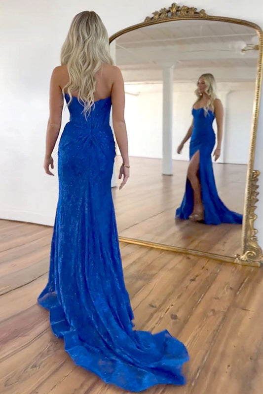 Gorgeous Mermaid Strapless Sweetheart Sleeveless Glittering Ruched High Slit Lace Royal Blue Floor-Length Prom Dress