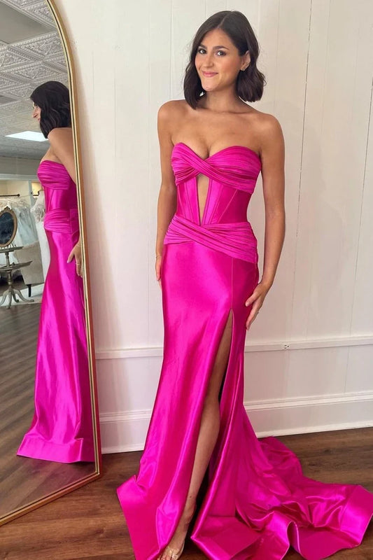 Gorgeous Mermaid Strapless Sweetheart Sleeveless Ruched Slit Satin Floor-Length Prom Dress