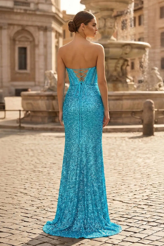 Gorgeous Mermaid Strapless Sweetheart Sleeveless Sparkly High Slit Sequins Ocean Blue Floor-Length Prom Dress