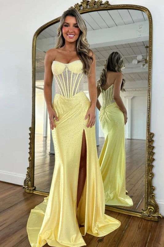 Gorgeous Mermaid Strapless Sweetheart Sleeveless Sparkly Satin Floor-Length Prom Dress With Slit