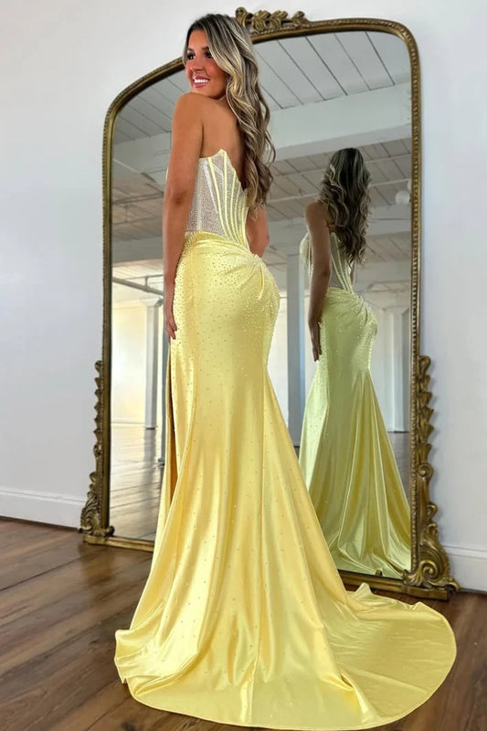 Gorgeous Mermaid Strapless Sweetheart Sleeveless Sparkly Satin Floor-Length Prom Dress With Slit