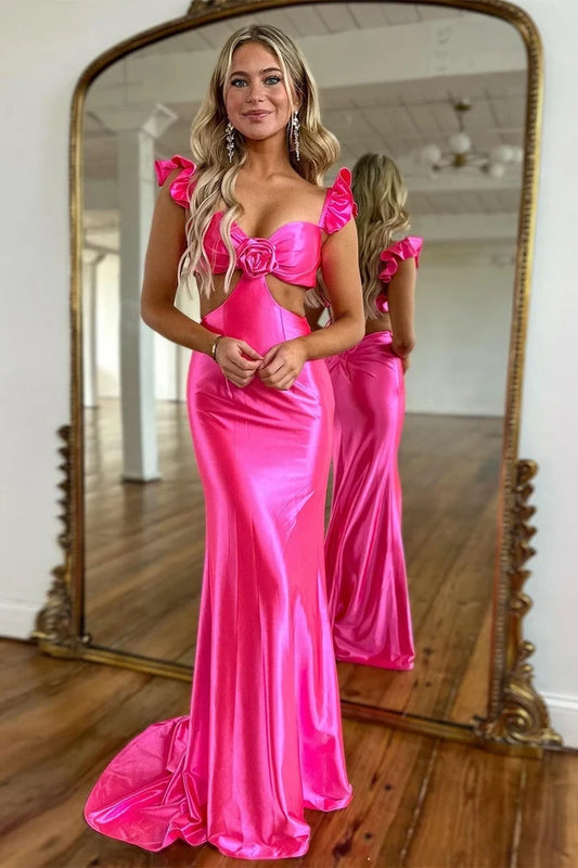 Gorgeous Mermaid Sweetheart Cap Sleeve Ruffled Cutout Waist Satin Floor-Length Prom Dress