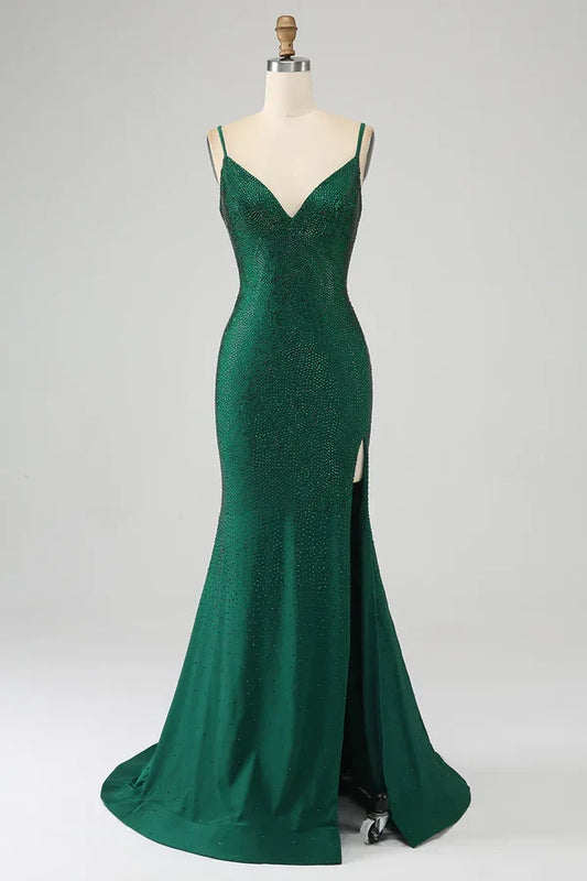 Gorgeous Mermaid Spaghetti Straps Sleeveless Beaded Backless Long Prom Dress with Slit