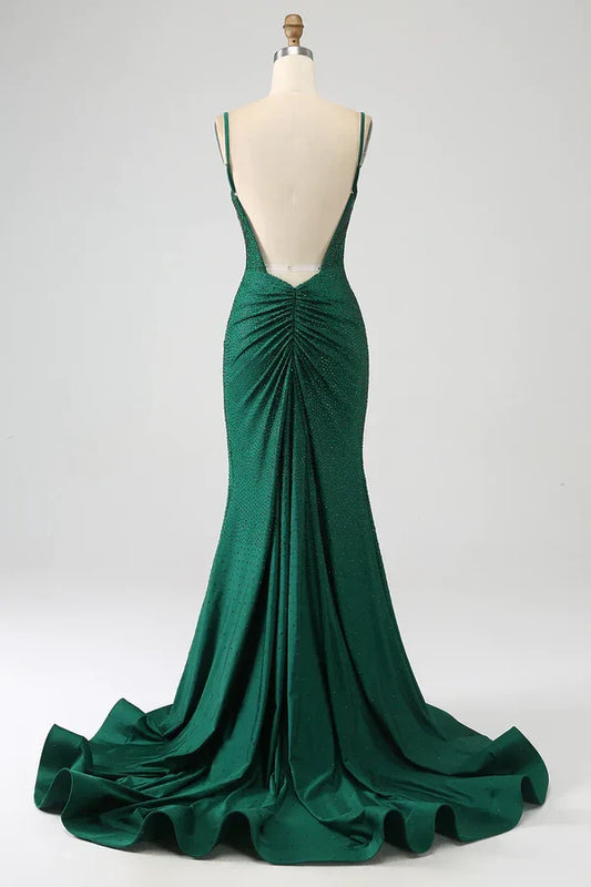 Gorgeous Mermaid Spaghetti Straps Sleeveless Beaded Backless Long Prom Dress with Slit