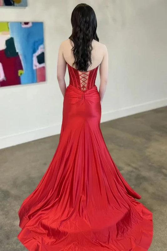 Gorgeous Mermaid Sweetheart Sleeveless Corset Bodice Red Satin Floor-Length Prom Dress with Slit