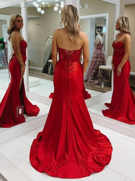 Gorgeous Mermaid Sweetheart Sleeveless Keyhole Slit Satin Red Long Prom Dress