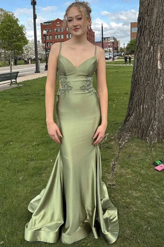 Gorgeous Mermaid Sweetheart Sleeveless Lace Applique Satin Floor-Length Prom Dress