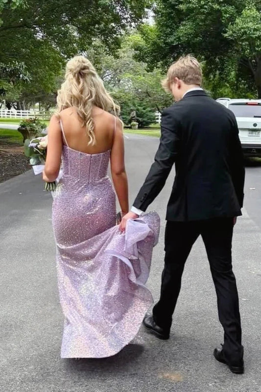 Gorgeous Mermaid Sweetheart Sleeveless Ruched Sparkly Sequin Lavender Long Prom Dress