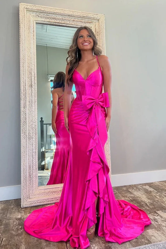 Gorgeous Mermaid Sweetheart Sleeveless Ruffled Bow Satin Floor-Length Prom Dress