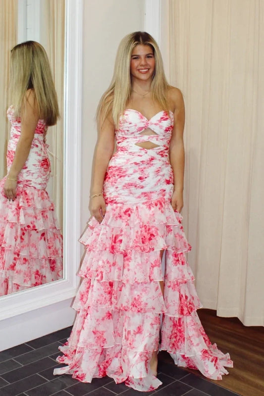 Gorgeous Mermaid Sweetheart Sleeveless Tiered Ruffle Floral Print Cutout Chiffon Floor-Length Prom Dress With Slit