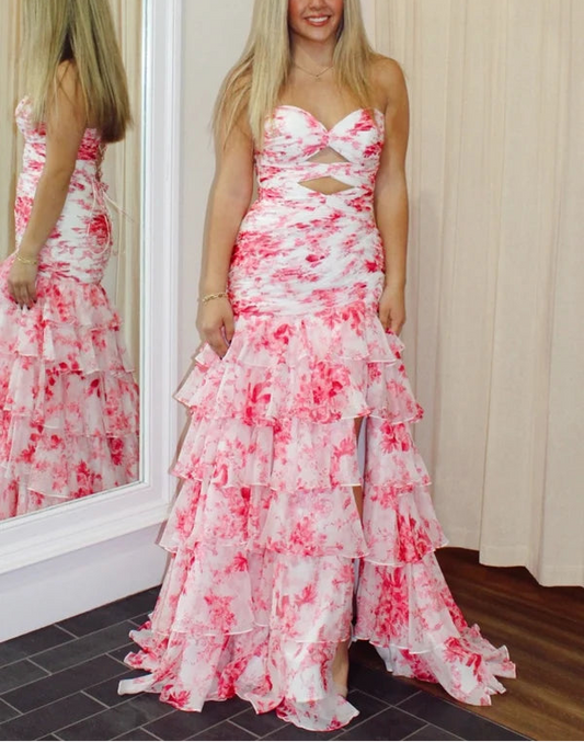 Gorgeous Mermaid Sweetheart Sleeveless Tiered Ruffle Floral Print Cutout Chiffon Floor-Length Prom Dress With Slit