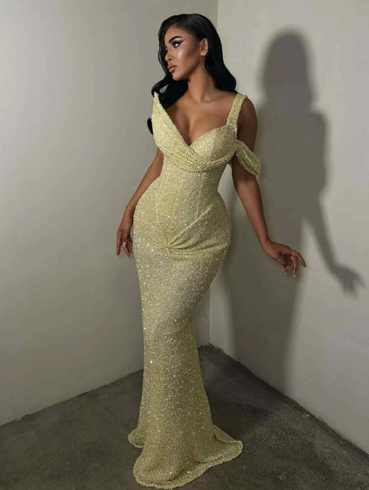 Gorgeous Mermaid V-Neck Off-the-Shoulder Sequin Floor-Length Prom Dress