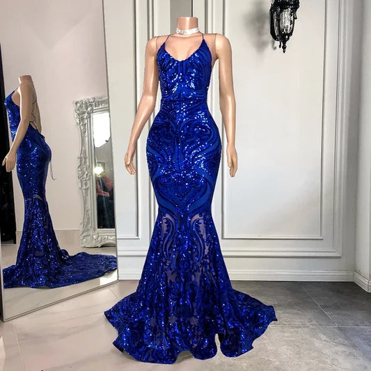 Gorgeous Mermaid V-Neck Sleeveless Sequined Royal Blue Floor-Length Prom Dress