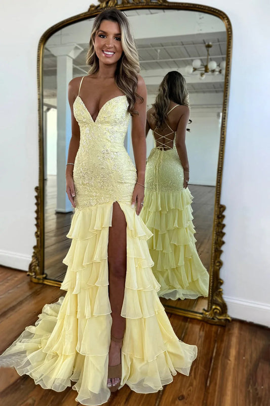 Gorgeous Mermaid V-Neck Sleeveless Tiered Ruffle Tulle Daffodil Floor-Length Prom Dress
