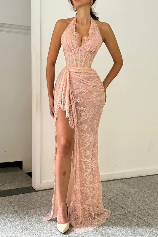 Gorgeous Sheath Halter Sleeveless Draped Lace Floor-Length Prom Dress with Slit