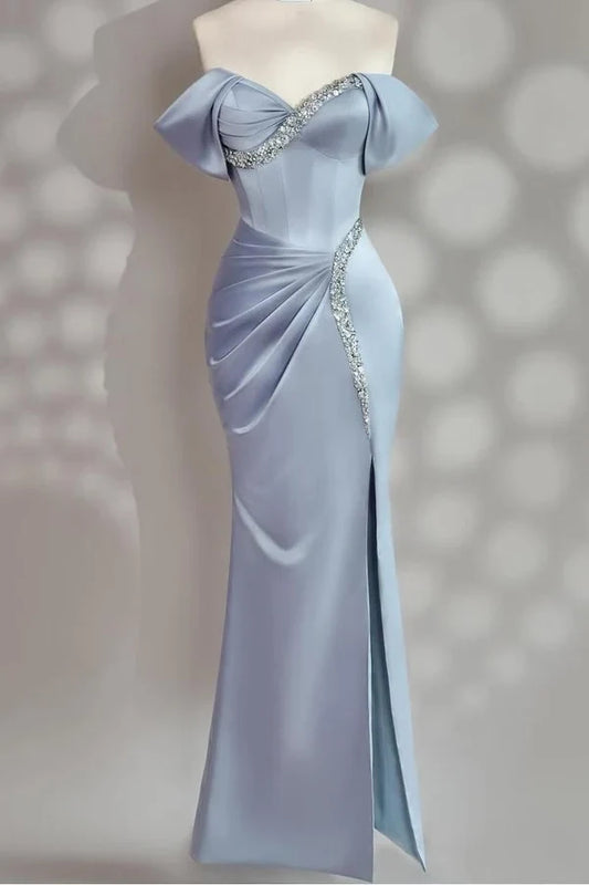 Gorgeous Sheath Off the Shoulder Sweetheart Draped Satin Beaded Long Prom Dress with Slit