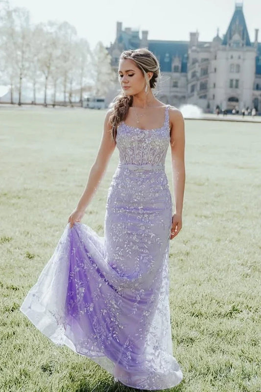 Gorgeous Sheath Scoop Sleeveless Tulle Floor-Length Prom Dress with Appliques