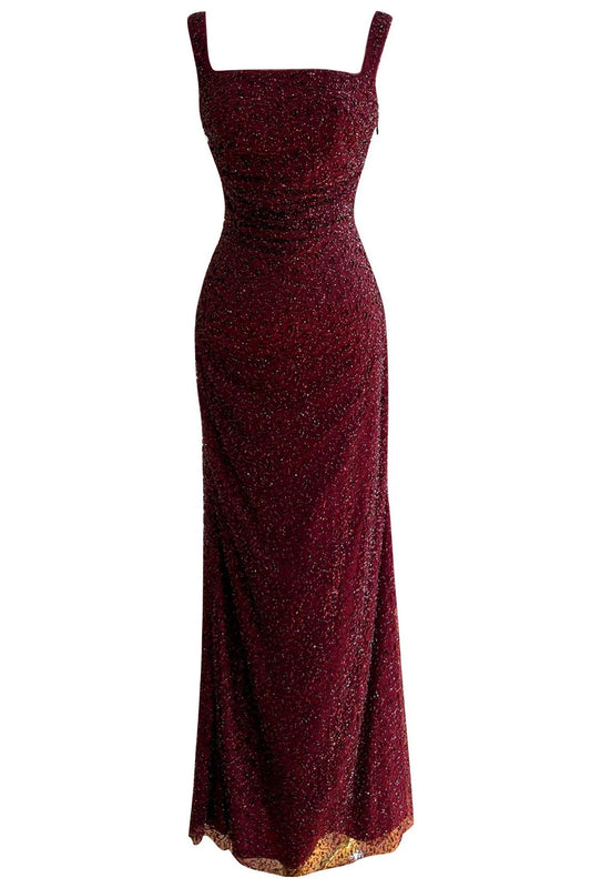 Gorgeous Sheath Square Sleeveless Sequin Beaded Burgundy Floor-Length Prom Dress