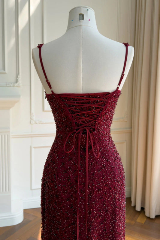 Gorgeous Sheath Square Sleeveless Sequin Beaded Burgundy Floor-Length Prom Dress