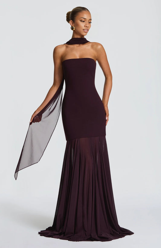 Gorgeous Sheath Strapless Sleeveless Chiffon Overlay Mermaid Burgundy Floor-Length Prom Dress