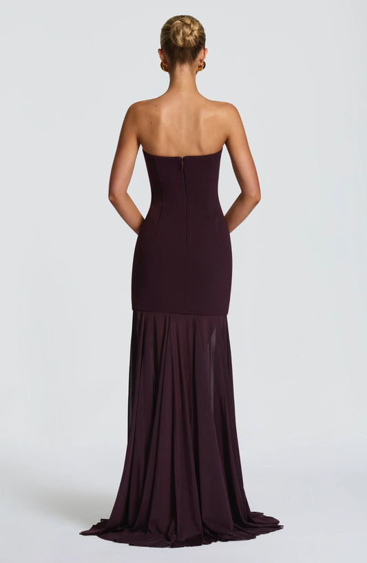 Gorgeous Sheath Strapless Sleeveless Chiffon Overlay Mermaid Burgundy Floor-Length Prom Dress