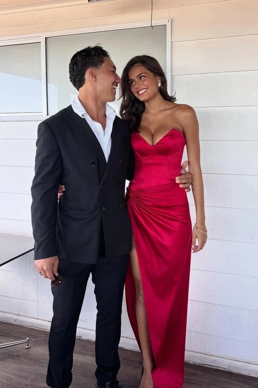 Gorgeous Sheath Sweetheart Sleeveless Draped Satin Red Floor-Length Prom Dress With Slit
